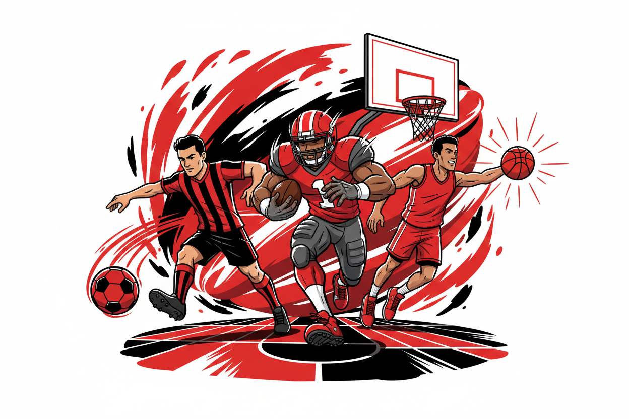 Red, Black and a little hint of white colour scheme, i want a Soccer Player involved as well as an american football player and basketball player involved, is possible not realistic abit cartoon looking